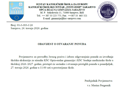 OBAVIJEST O OTVARANJU PONUDA