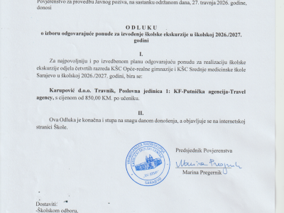 ODLUKA o izboru odgovarajuće ponude za izvođenje školske ekskurzije u školskoj 2026./2027. godini